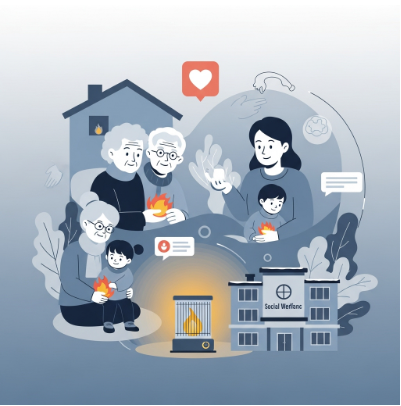 다양한 사람들이 난방비를 지원받아 따뜻한 겨울을 보내는 모습. 아늑한 실내에서 행복해하는 가족과 노인, 사회복지시설 관계자들의 모습이 보이며, 온기와 나눔을 상징하는 하트 아이콘이 함께 표현되어 있습니다.