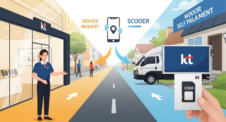 KT 대리점 방문 교체와 택배 수령 후 셀프 교체, 두 가지 유심 교체 방법을 시각적으로 보여주는 그림.