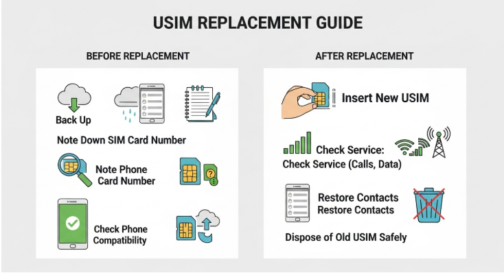 유심 교체 전후 반드시 확인해야 할 사항들을 아이콘과 함께 보여주는 체크리스트 인포그래픽.
